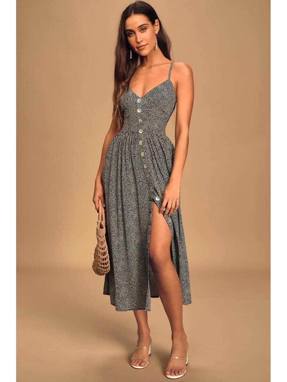 Auguste The Label Tear Drop Staple Charcoal Dot Button Front Midi Dress US 2